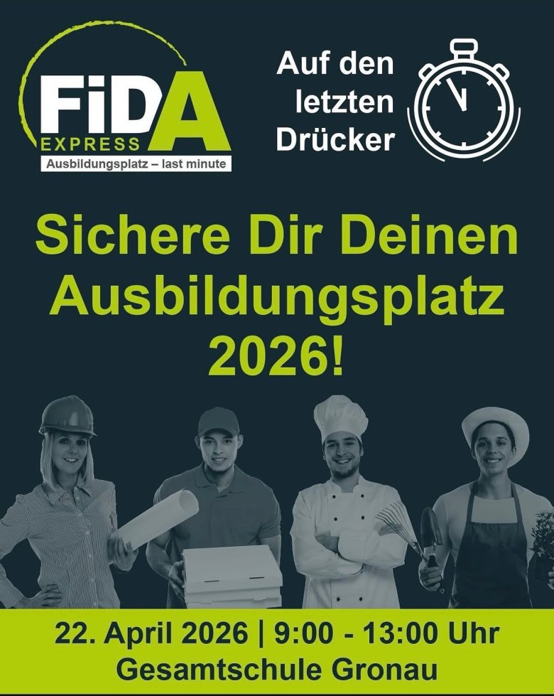 您是否正在寻找 2026 年的短期学徒？那么 FiDA Express 就是您的最佳选择！在 "最后一刻 "的口号下，该活动将为您提供与企业直接接触的机会，并确保您能顺利找到一份学徒工作。  2026 年 4 月 22 日 9:00 至 13:00，格罗瑙综合学校将向所有仍在寻找的人敞开大门。各行各业--从技术工种、餐饮业到技术专业--都将在现场与您见面。